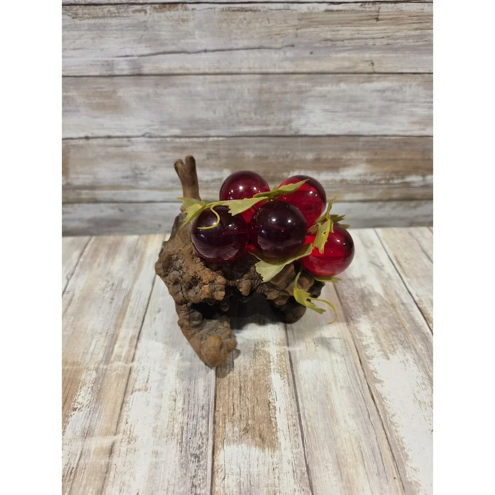 Vintage Mid‎ Century Lucite Grape Cluster on Natural Driftwood Burl Base Red - Picture 2 of 10